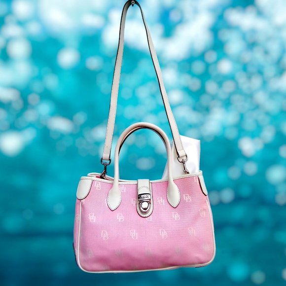 Dooney & Bourke Handbags - Dooney & Bourke Pink w White DB Monogram Tote Crossbody Bag NWOT Satin Dustbag